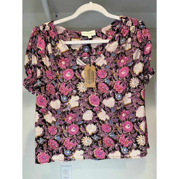 NWT Cynthia Rowley Floral Ruched Short-Sleeve Blouse‎ Size Small - Picture 7 of 8